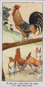 Østlig ordtak: Hvis du er en høne, så legg egg; hvis en hane, så kråke (farge litho) av René Bull