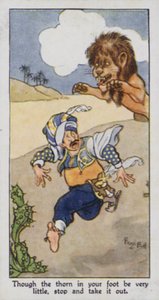 Østlig ordtak: Selv om tornen i foten din er veldig liten, stopp og ta den ut (farge litho) av René Bull