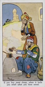 Hvis du kjøper kjøtt billig, lukter du når det koker det du har spart (farge litho) av René Bull