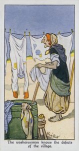 Vaskekvinnen kjenner landsbyens mangler (farge litho) av René Bull