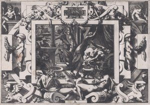 Pelias drept av sine døtre, hvis medlidenhet de tar motet hans blod til å tømme innen v..., 1563. av Rene Boyvin