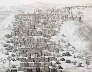 Utsikt over byen Timbuktu, Mali, gravering fra reiser gjennom Sentral-Afrika til Timbuctoo av Rene Caillie (1799-1838) mellom 1824 og 1828, Afrika av Rene Caillie