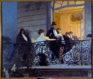 Belle Epoque: “” Balkongen””” Sosial kveld, en mann lager håndsex med vertinnen. Maleri av Rene Prinet (1861-1946) 1900 søn. 1,86x1,56 m Caen, Musee des Beaux Arts