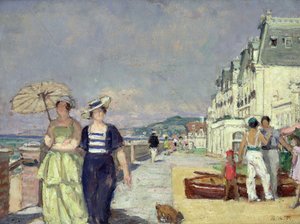 Elegante kvinner ved strandpromenaden i Cabourg, ca. 1929 (olje på lerret)