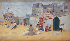 Parasoller og badehytter på stranden (olje på lerret) av René François Xavier Prinet