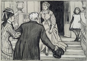 Besøket, illustrasjon fra La Jeune Fille Bien Elevee av Rene Boylesve (svart-hvitt kritt på papir) av René François Xavier Prinet
