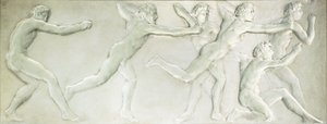 Et figurelt panel av støpt glass som viser seks nakne mannlige idrettsutøvere, av Rene Jules Lalique