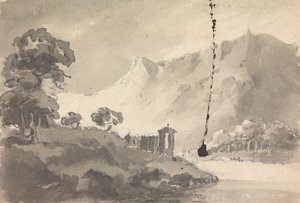 Landskap med slott, elv og fjell