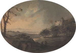 Landskap med to menn på en høyde og et slott i det fjerne av Rev. William Gilpin