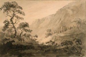 Fjelllandskap med ruin (penn, blekk og blekk vask over blyant på off-white lagt papir forberedt med sepia vask)