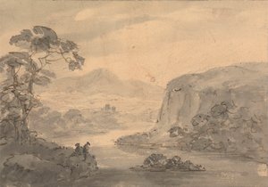 Fjelllandskap med to figurer med utsikt over en innsjø av Rev. William Gilpin