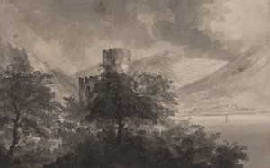 Wooded Lakeland Castle: capriccio, 1804 (børste og monokrome vask på papir) av Rev. William Gilpin