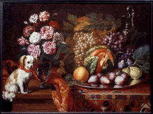 Stilleben med dvergspaniel. Maleri av Renaud Levieux sa Reynaud Le Vieux (ca. 1625-1690)