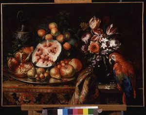Stilleben med rød papegøye (og frukt). (olje på lerret)