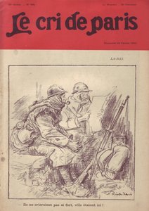 Illustrasjon av Ricardo Flores (1878-1918) for omslaget til Le Cri de Paris, 20/02/16 - La-bas "" De ville ikke ropt så høyt hvis de var her.""" - War of 14 -18 , Presse/medier, soldatliv, skyttergraver, dagligliv, røyking, syltetø av Ricardo Flores