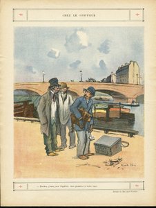 Illustrasjon av Ricardo Flores (1878-1918) i Le Rire, 05/10/12 - Hos frisøren - Paris, Yrker, Arkitektur Byplanlegging, Bro, River River - Hund, Frisør av Ricardo Flores