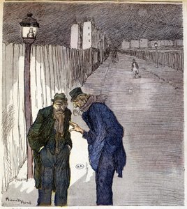 To menn som prater i en uhyggelig bakgate - tegning av Ricardon Florès