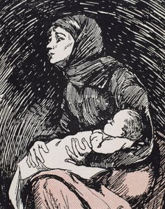 Julaften. 1900. En mager kvinne med barnet i armene (gravering) av Ricardo Maria Navarrete