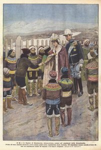 Kongen og dronningen av Danmark, Alexandrine, til grønlandseskimoene (farge litho) av Riccardo Salvadori