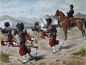 Den 20. Bombay Native Infantry Field-skyting (marsjorden), anglo-indiske hær på 1880-tallet (farge litho)