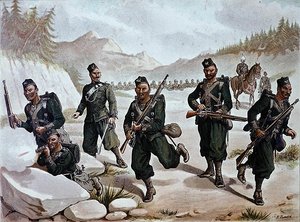 The 3rd Gurkhas Skirmishing, den anglo-indiske hæren på 1880-tallet (farge litho)