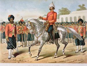 Det syvende bengalske infanteriet på parade, den anglo-indiske hæren på 1880-tallet (farge litho)