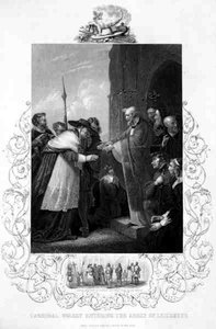 Kardinal Wolsey Entering the Abbey of Leicester, i Henry VIII av William Shakespeare (1564-1616) gravert av A.H. Payne (gravering)