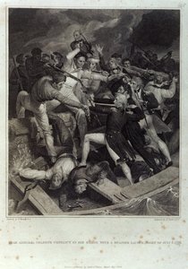 Kontreadmiral Nelsons konflikt i lekteren hans med en spansk oppskyting, natt til 3. juli 1797, gravert av A. Smith, utgitt av Cadell & Davies, mai 1809 (gravering)