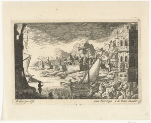 Bybilde med fiskehavn og fortøyningsbåt Bylandskap og havner (serietittel) av Richard Adam