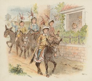 Barn på esler for å leke krig (farge litho)