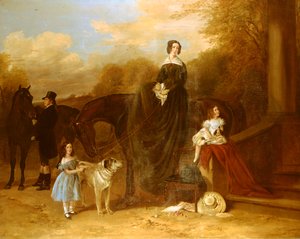 En familie med deres jegere og hunder utenfor en herregård, 1841 av Richard Ansdell