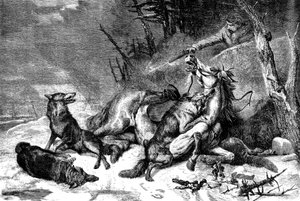 Reisende på hesteryggen angrepet av en ulveflokk
