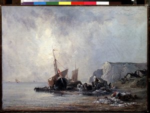 ""Boats on the Normandy Shore"" (Boats at the Normandy Shore) Maleri av Richard Parkes Bonington (1802-1828) 1823-1824 Dim. 33x46 cm Saint Petersburg, Hermitage Museum