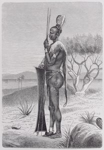 En tatovert Shuli-svart person med våpnene sine, fra 'The History of Mankind', Vol.III, av Prof. Friedrich Ratzel, 1898