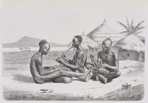 Shuli svart spiller musikk, fra 'The History of Mankind', Vol. III, av Prof. Friedrich Ratzel, 1898