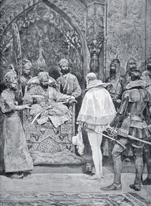 Akbar den store mottar dronning Elizabeths ambassadør i 1599 (litho)