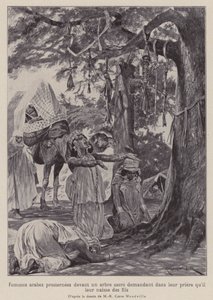 Arabiske kvinner som bøyer seg foran et hellig tre i bønn om at de skal få barn (litho)