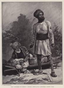 Farene ved barmhjertighet, indiske ambulansebærere under ild (litho) av Richard Caton II (after) Woodville