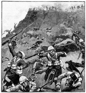 92. Gordon Highlanders på retrett, slaget ved Majuba Hill, 1. Boer War, 26.–27. februar 1881