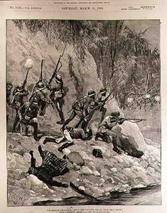 The Burmah Expedition: Fight with Dacoits, 12. januar, nær Shoay Green, fra The Illustrated London News, 13. mars 1886 av Richard Caton II Woodville