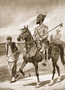 En Bengal Lancer og hans Boxer-fange, illustrasjon fra 'Battles of the Nineteenth Century: Vol. VII, Den kinesiske krigen 1900-1901' av Archibald Forbes, GA Henty og major Arthur Griffiths