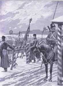 En kosakkstasjon i Manchuria med stammeskilt over herrehyttene, illustrasjon fra Cassells History of the Russo-Japanese War Vol 1, ca. 1900 av Richard Caton Woodville