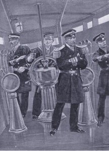 Admiral Togo i Conning Tower på flaggskipet hans, dirigerer en marineaksjon, illustrasjon fra Cassells History of the Russo-Japanese War Vol 1, ca. 1900 av Richard Caton Woodville
