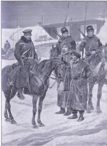 Arrestasjon av japanske spioner oppdaget som kulier , illustrasjon fra Cassells History of the Russo-Japanese War Vol 1, ca. 1900 av Richard Caton Woodville