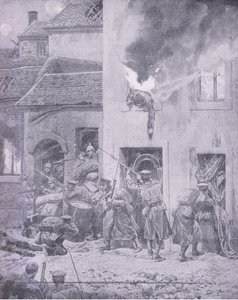 På tak med fienden: Hus til hus-kamp i Ypres, fra History of the Great War Vol 3 utgitt av Waverley Book Co Limited, ca. 1920 av Richard Caton Woodville