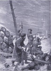Angrep på jernbanen av Chunchuses, illustrasjon fra Cassells History of the Russo-Japanese War Vol 1, ca. 1900 av Richard Caton Woodville