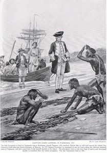 Kaptein Cook lander i Tasmania, 1777, illustrasjon fra 