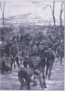 Japansk kavalerileir i Seoul: hovslagere i arbeid, illustrasjon fra Cassells History of the Russo-Japanese War Vol 1, ca. 1900 av Richard Caton Woodville