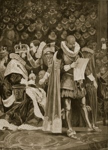 The Homage, the Largesse and the General Benådning ved kroningen av James I og Anne av Danmark, 25. juli 1603, fra 'The Illustrated London News', 1902
