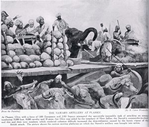 Nawabs artilleri ved Plassey, illustrasjon fra 'Hutchinson's Story of the British Nation', ca. 1923